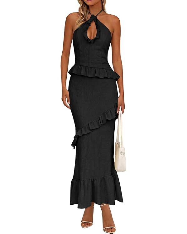 Wenrine Womens Summer Halter Maxi Dress Ruffle Tassel Cutout Backless Long Sleeveless Party Dress... | Amazon (US)