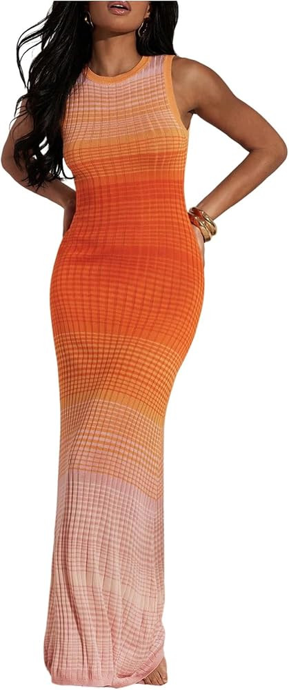 OYOANGLE Women's Ombre Knit Maxi Tank Dress Sleeveless Crew Neck Bodycon Ribbed Dresses | Amazon (US)