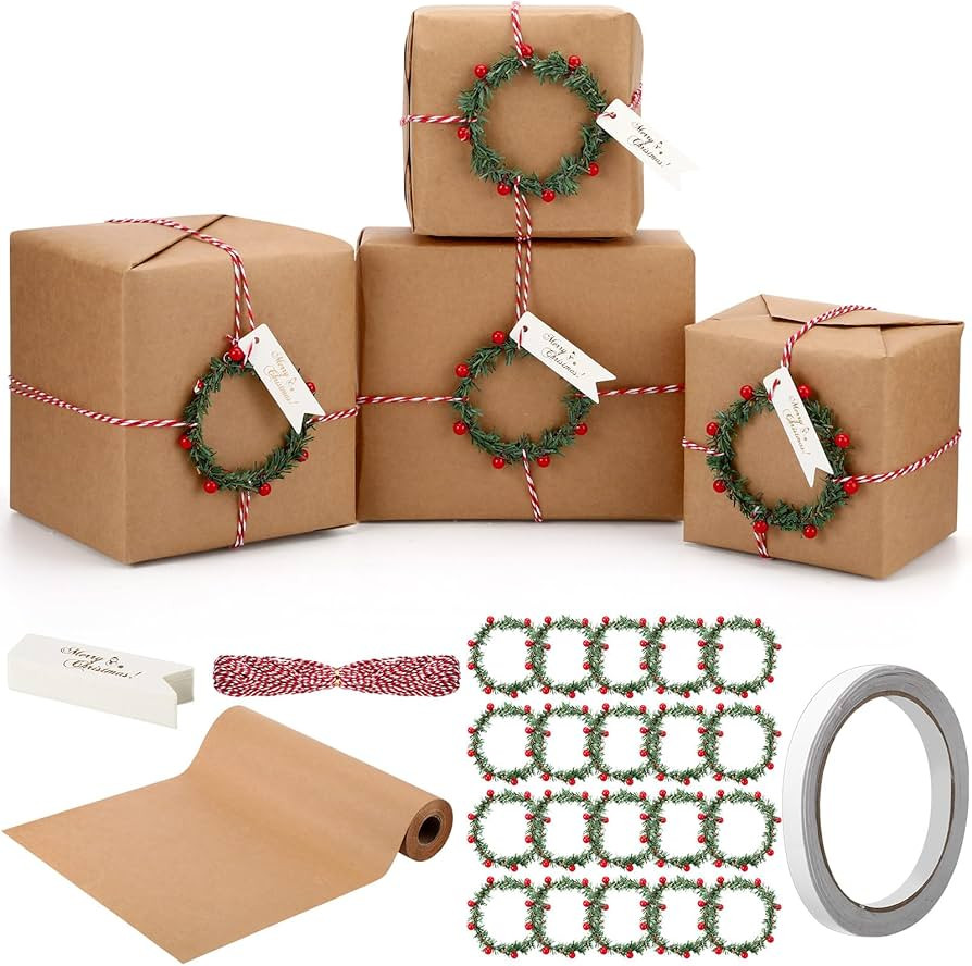 Spakon 73 Pcs Kraft Christmas Wrapping Paper Set,15.7 in x 65.6 ft Brown Christmas Vintage Wrappi... | Amazon (US)