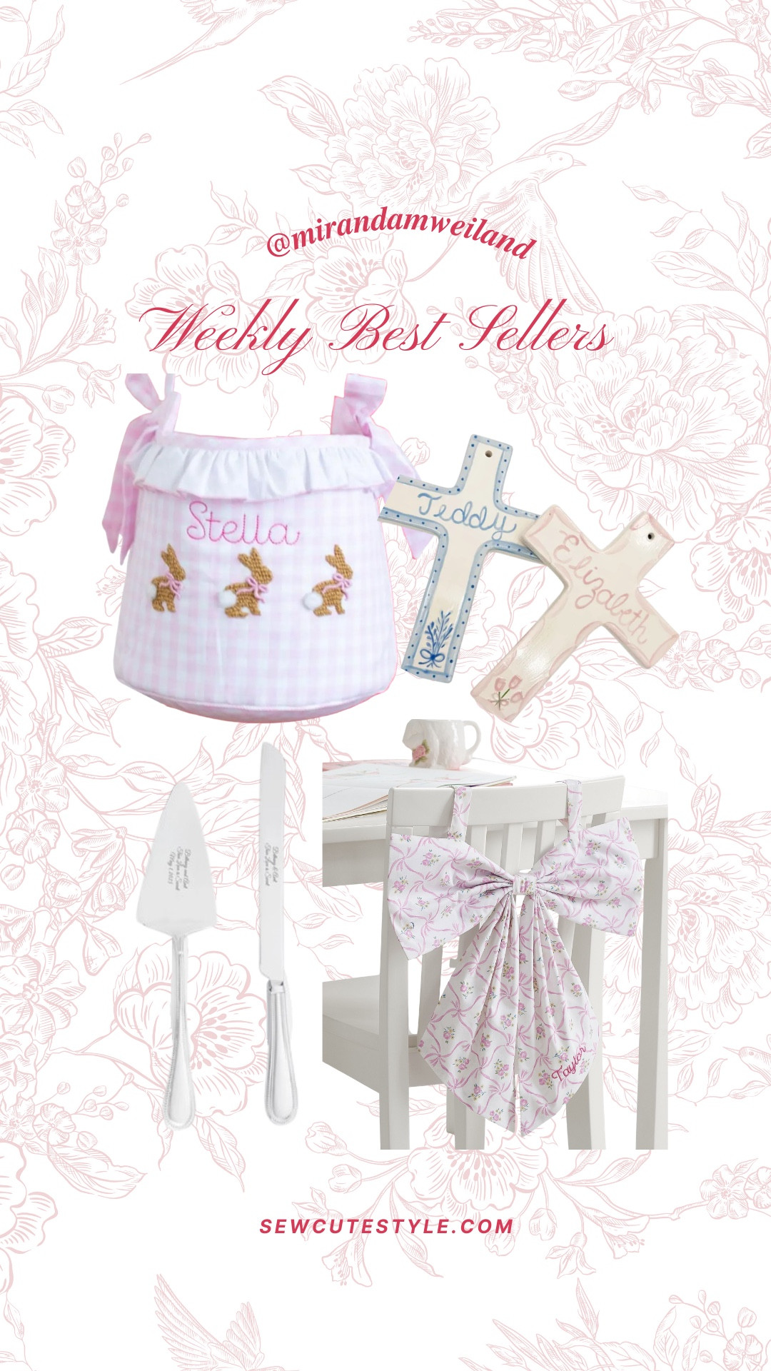 Weekly top sellers! Customizable Easter basket, baptism cross gift idea, first birthday gift idea with a customizable cake knife, and an adorable chair bow! 
