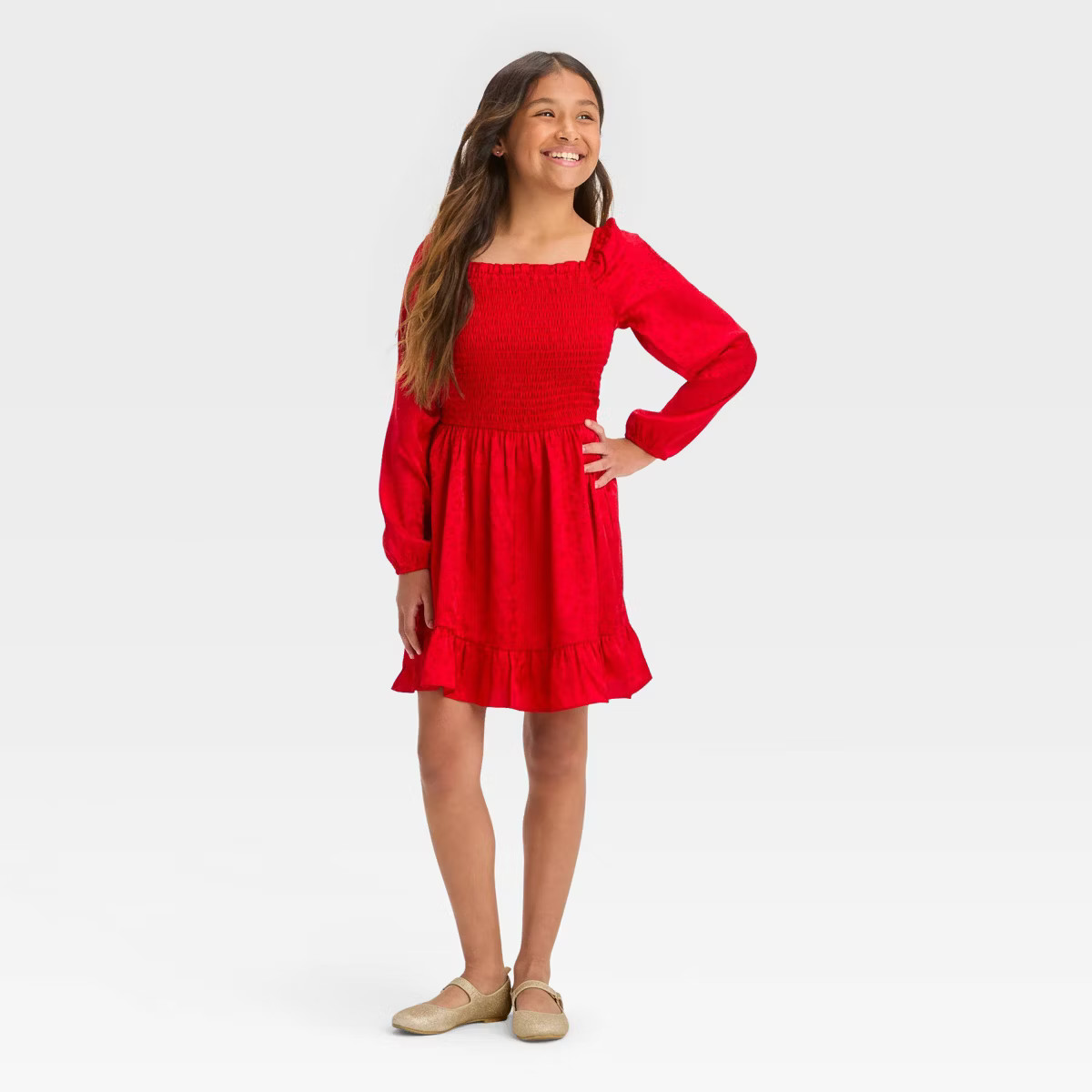 Girls' Long Sleeve Jacquard Smocked Bodice Dress - art class™ | Target
