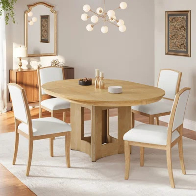 Farmhouse Extendable Round Dining Table Set For 4, 5-Piece Kitchen Table Set With 4 Upholstered Chairs And 16Inch Removable Leaf For Small Places | Wayfair North America