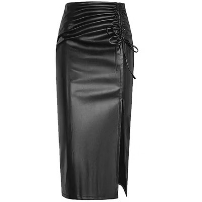Womens Fashionable Slim Fit PU Leather Skirt Side Slit Drawstring Pencil Skirt Black S | Target