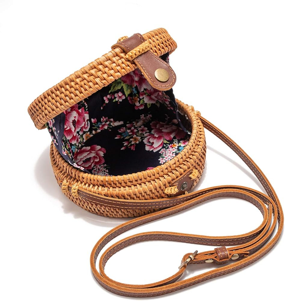 Aviboo Handwoven Round Rattan Straw Crossbody Bags for Women 8” with Adjustable Two-Layer Genuine Le | Amazon (US)