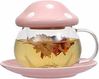Mushroom Cup Glass Tea Cup with Lid Tray Strainer Filter Infuser for Loose Leaf Tea Cute Tea Mug ... | Amazon (CA)