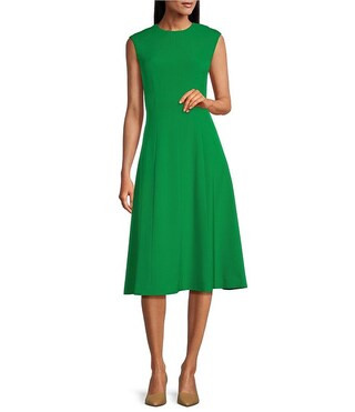 Crepe Round Neck Cap Sleeve Sophia Midi Dress | Dillard's