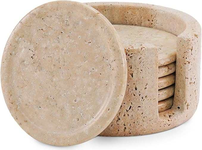 Coaster Set of 6 Handmade 3.5 Inch Drink Coasters with Holder, Beige Coaster Set for Coffee Table... | Amazon (US)