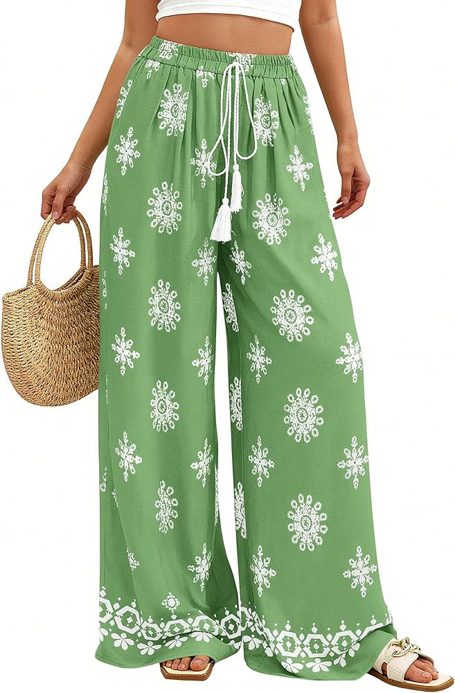 PRETTYGARDEN Women's Wide Leg Palazzo Pants 2026 Summer Boho Floral Trousers Spring Flowy Beach V... | Amazon (US)