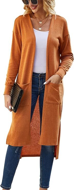 Hibluco Women's Casual Open Front Knit Long Cardigan Sweaters with Pockets | Amazon (US)