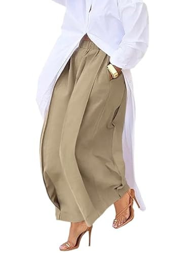 UOOZEE Women's 100% Cotton Elastic High Waisted Pants Loose Fit Wide Leg Pleated Fall Winter Palazzo Trousers with Pockets, Khaki, L | Amazon (US)