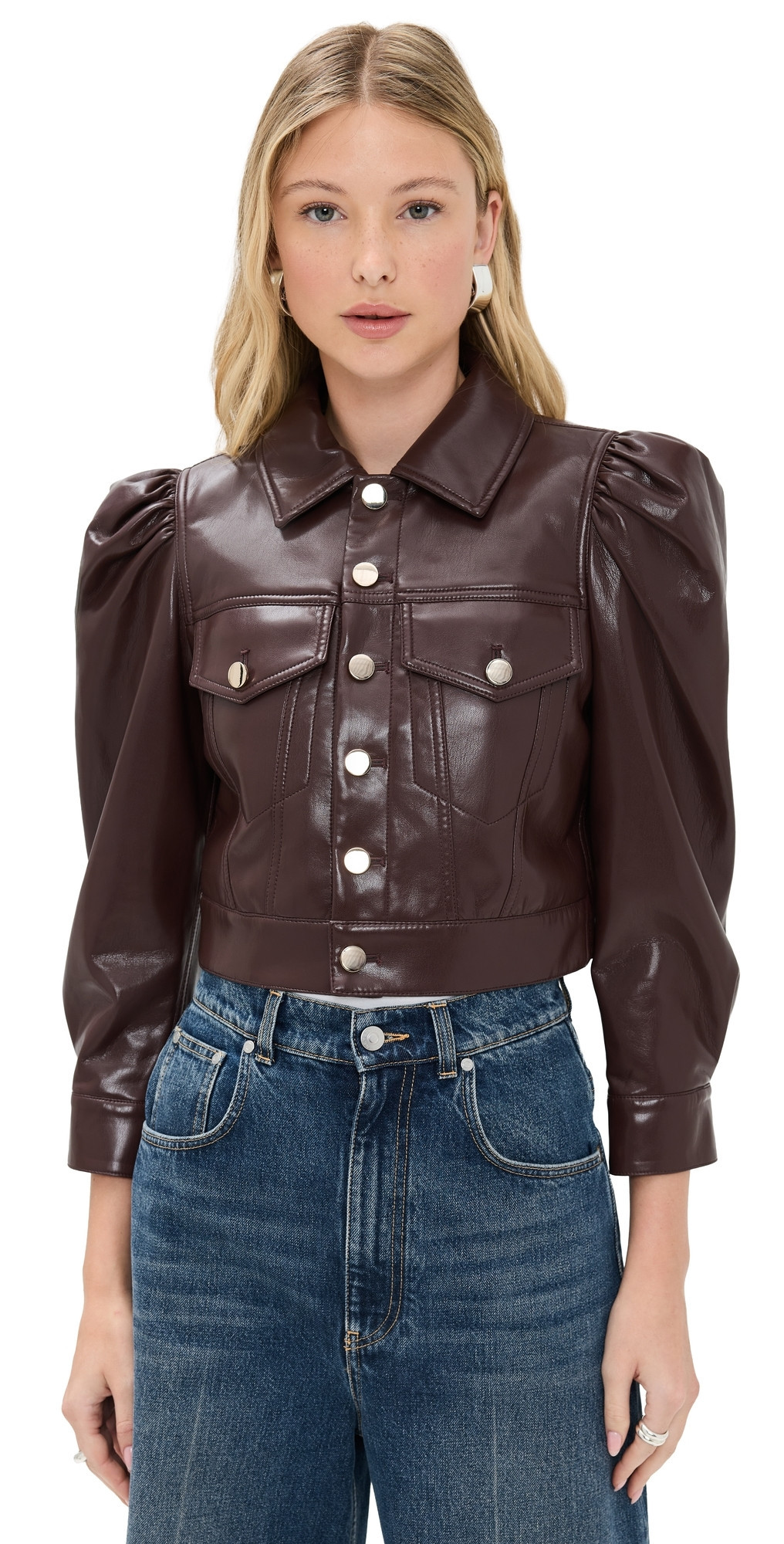 alice + olivia Lana Vegan Leather Puffed Sleeve Jacket Dark Chocolate L | Shopbop
