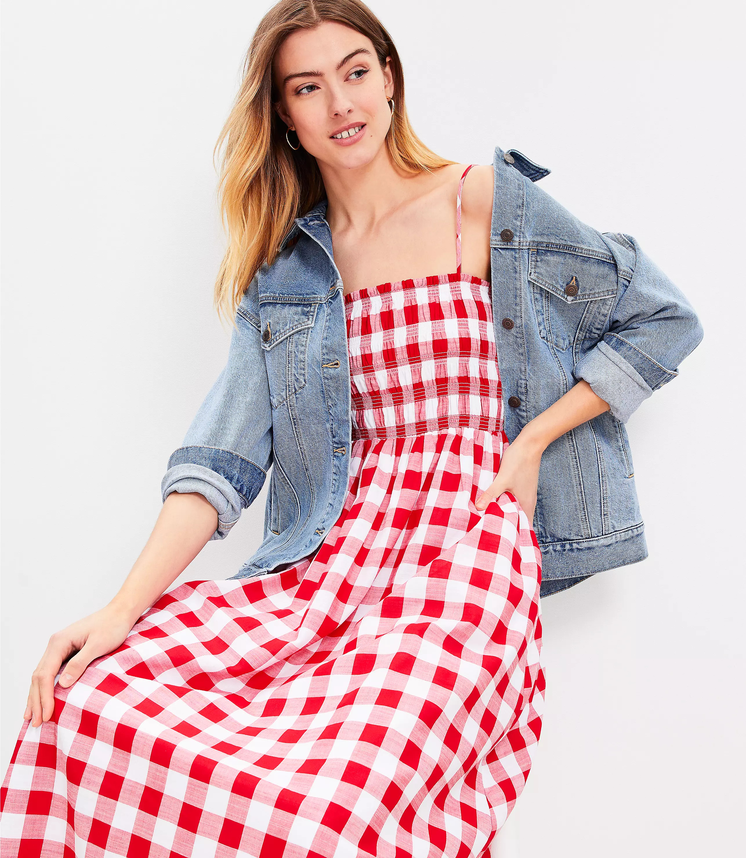Gingham Smocked Strappy Maxi Pocket Dress | LOFT