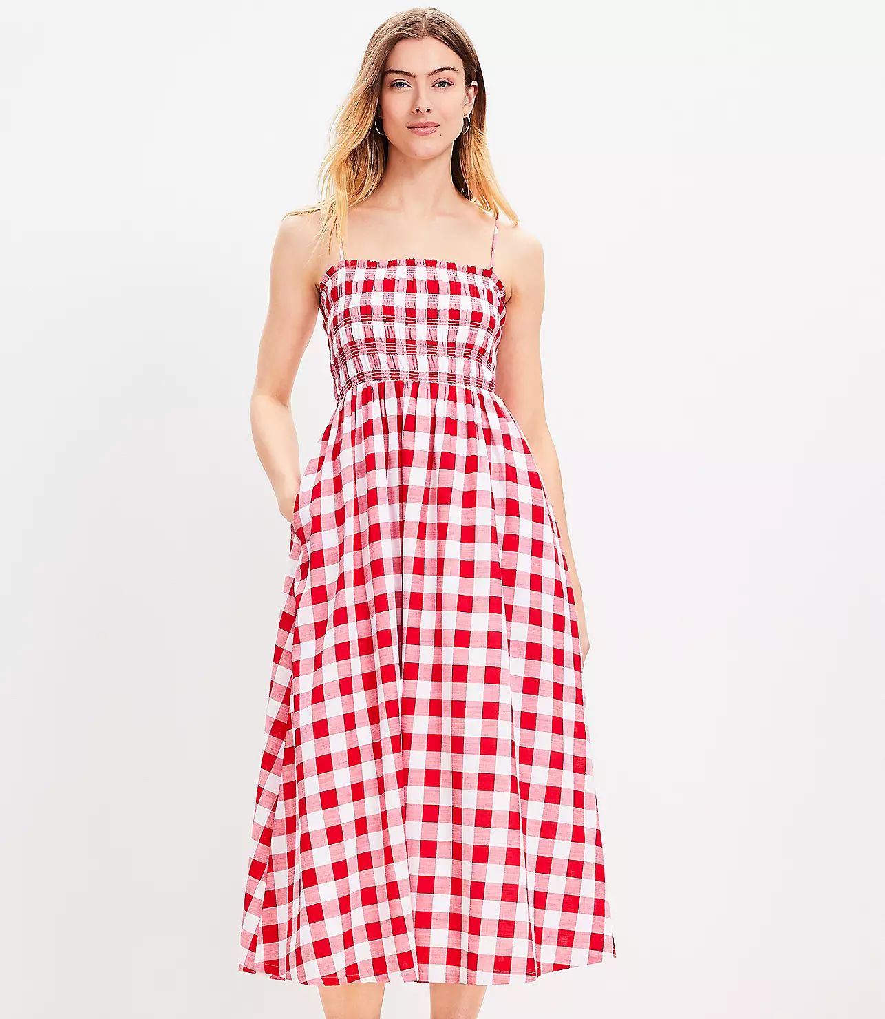 Gingham Smocked Strappy Maxi Pocket Dress | LOFT