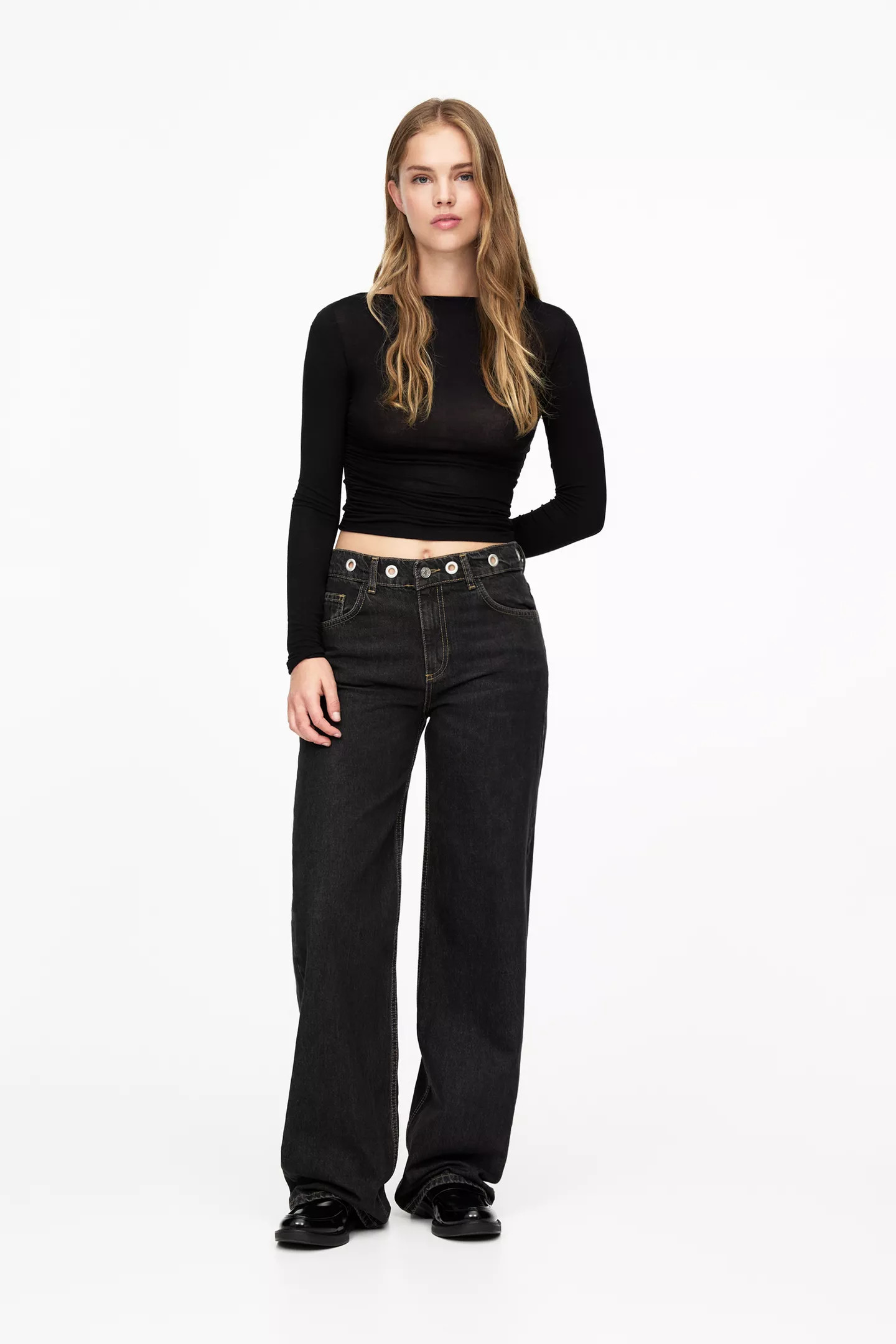 Wide-leg jeans with eyelets | PULL and BEAR UK