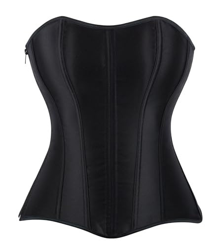 YMFFW Women's Sexy Satin Corset Bustier Lace up Boned Overbust Corset Top Black Satin Waist Cincher Black S | Amazon (US)