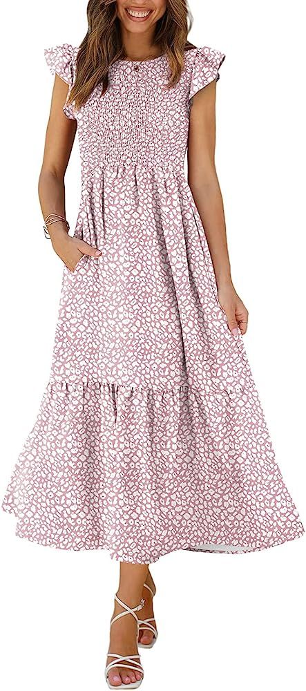 OFEEFAN Women's Casual Maxi Dresses with Pockets Ruffle Sleeve Smocked Dress XS-2XL | Amazon (US)