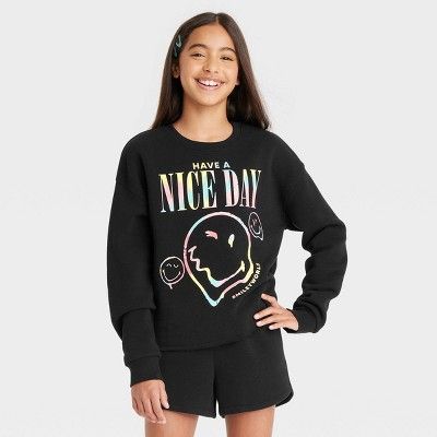 Girls' Smiley Cropped Crewneck Sweatshirt - art class™ Black | Target