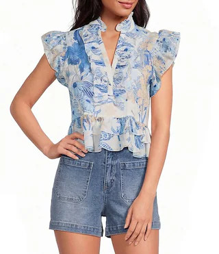 A Loves A Woven Floral Print Ruffle Collar Split V-Neck Flutter Cap Sleeve Cropped Blouse | Dilla... | Dillard's