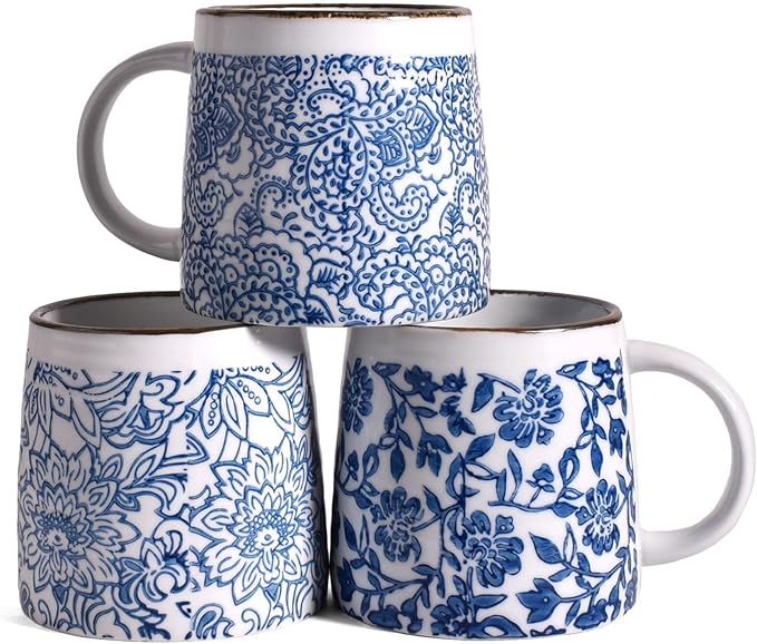 Creative Co-Op Hand-Stamped Stoneware Mug, Blue/White, Set of 3 Styles | Amazon (US)