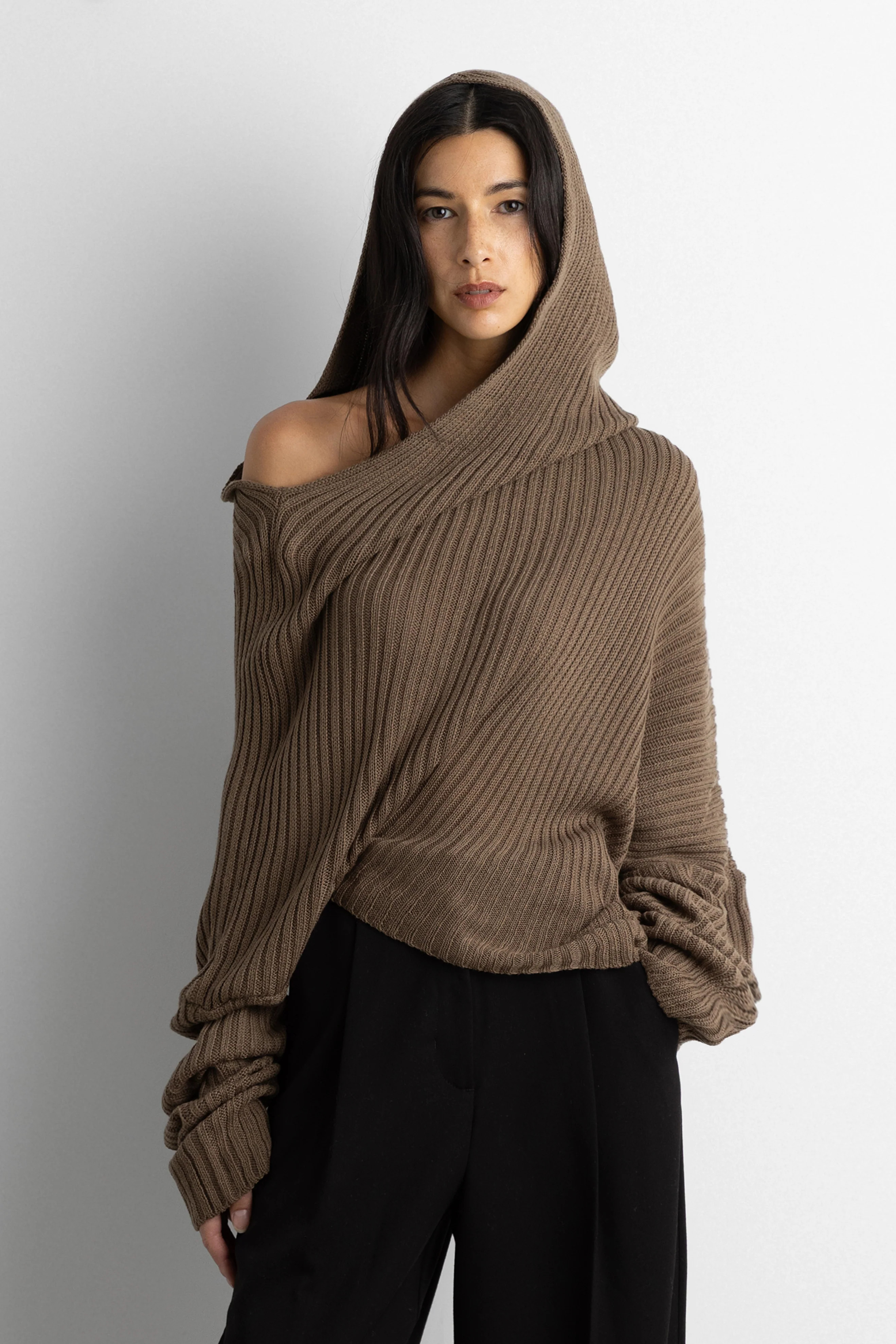 SLOUCHY OFF THE SHOULDER KNIT HOODIE | OAK + FORT