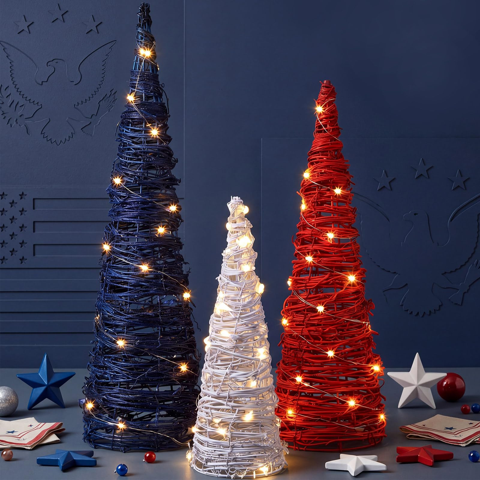 Jenaai 3 Lighted 4th of July Rattan Table Tree - 24'' 16'' 12'' Red White Blue Rattan Cone Trees ... | Amazon (US)