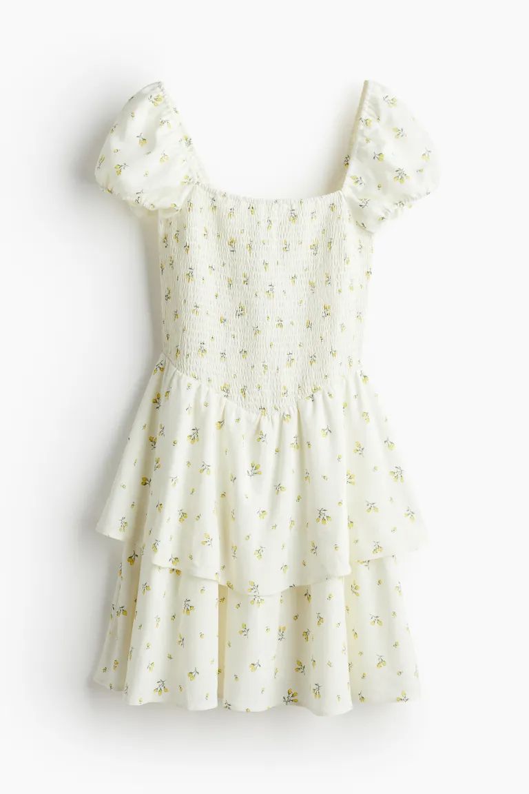Tiered-skirt Smocked Dress - Cream/floral - Ladies | H&M US | H&M (US + CA)