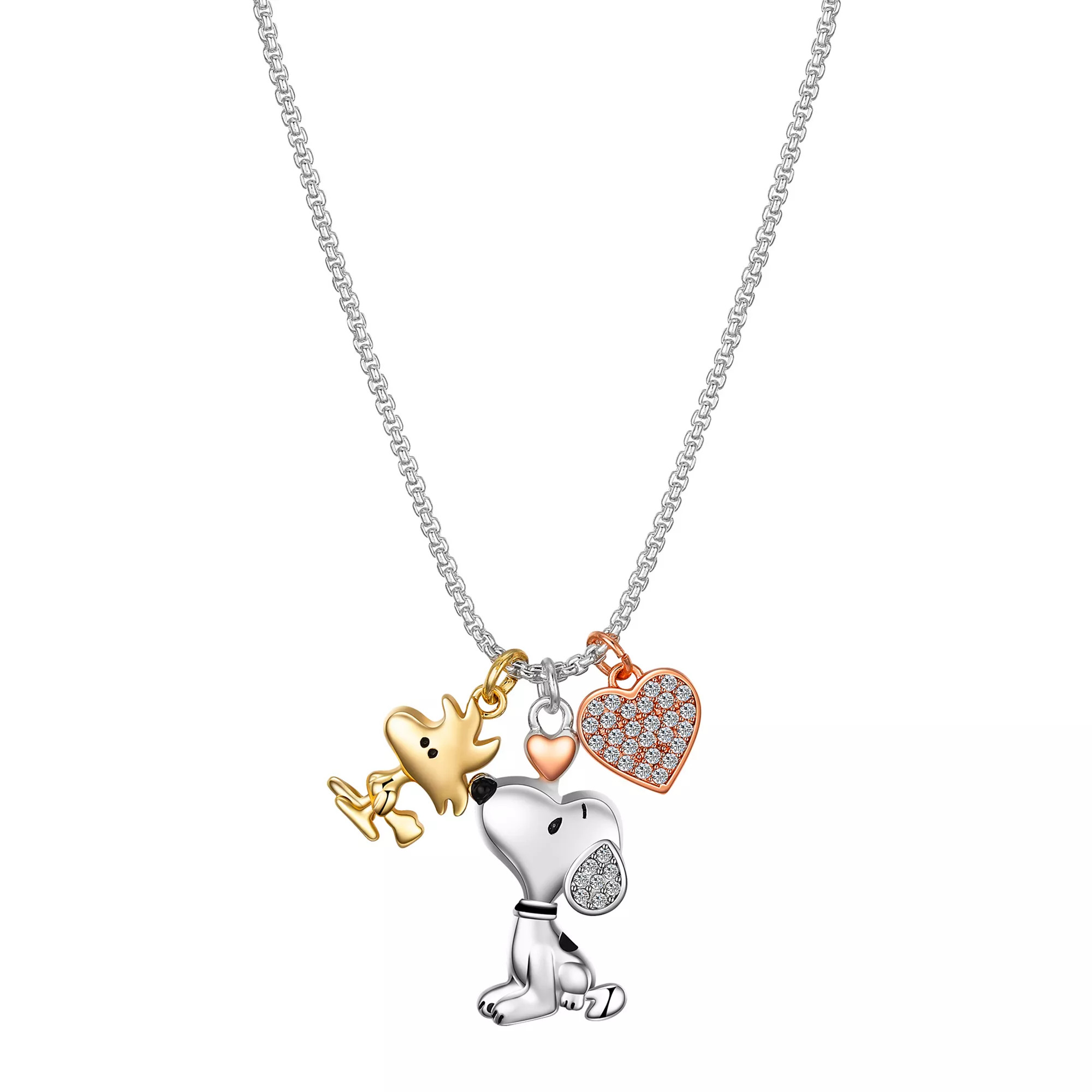 Peanuts Tri-Tone Crystal Snoopy, Woodstock, & Heart Charm Pendant Necklace | Kohl's
