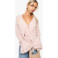 boohoo Women's Chiffon Ruffle Front Blouse in Nude | Size: 2 | Denim/Chiffon | boohoo (US & Canada)