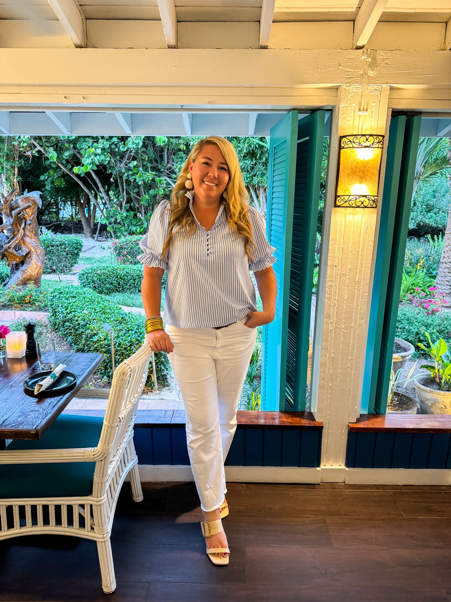 Tonight’s resort wear outfit includes my favorite blue and white striped blouse, frayed hem white jeans, raffia sandals from Target and oversized earrings from Tuckernuck! Also still wearing my waterproof bangles from Budha Girl.
.
#ltkover40 #ltktravel #ltkmidsize #ltksalealert #ltkfindsunder50 #ltkfindsunder100 #ltkstyletip #ltkseasonal vacation outfits, spring outfit ideas 

#LTKfindsunder100 #LTKmidsize #LTKover40