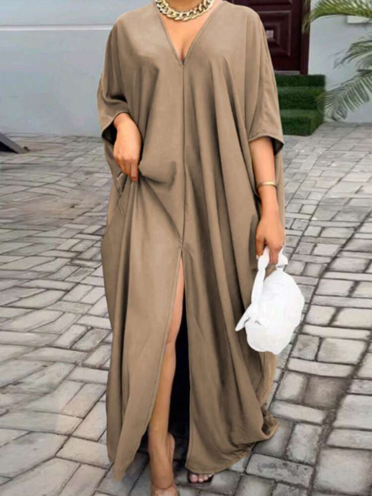 INAWLY Plus Size Solid Color V-Neck Split Elegant Commuter Dress | SHEIN