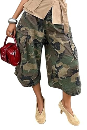 Vakkest Baggy Camo Cargo Jeans for Women Camouflage Jean Cropped Wide Leg Denim Pants Army Fatigue Trousers Dressy | Amazon (US)