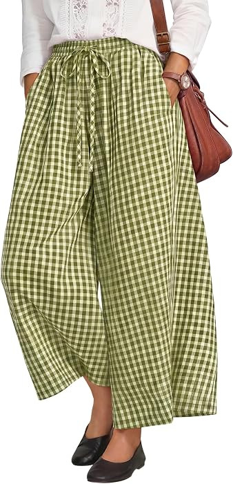 Huukeay Womens Plaid Gingham Pants Oversized Flowy Wide Leg Skirt Pants Casual Palazzo Drawstring... | Amazon (US)