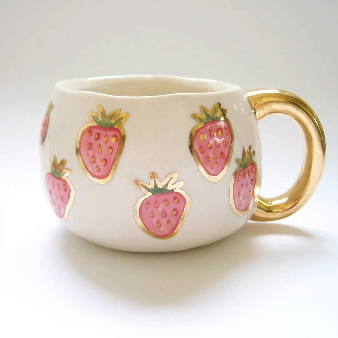Pink Strawberry Mug With Gold - Etsy | Etsy (US)