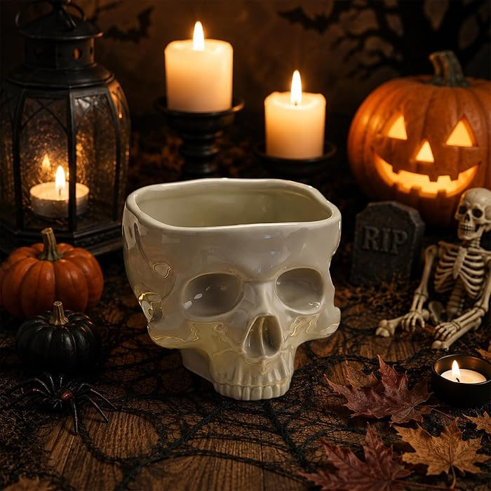 Food Safe Ceramic Skull Bowl, Halloween Candy Bowl for Cereal Pasta Ice Cream, Microwave Dishwash... | Amazon (US)