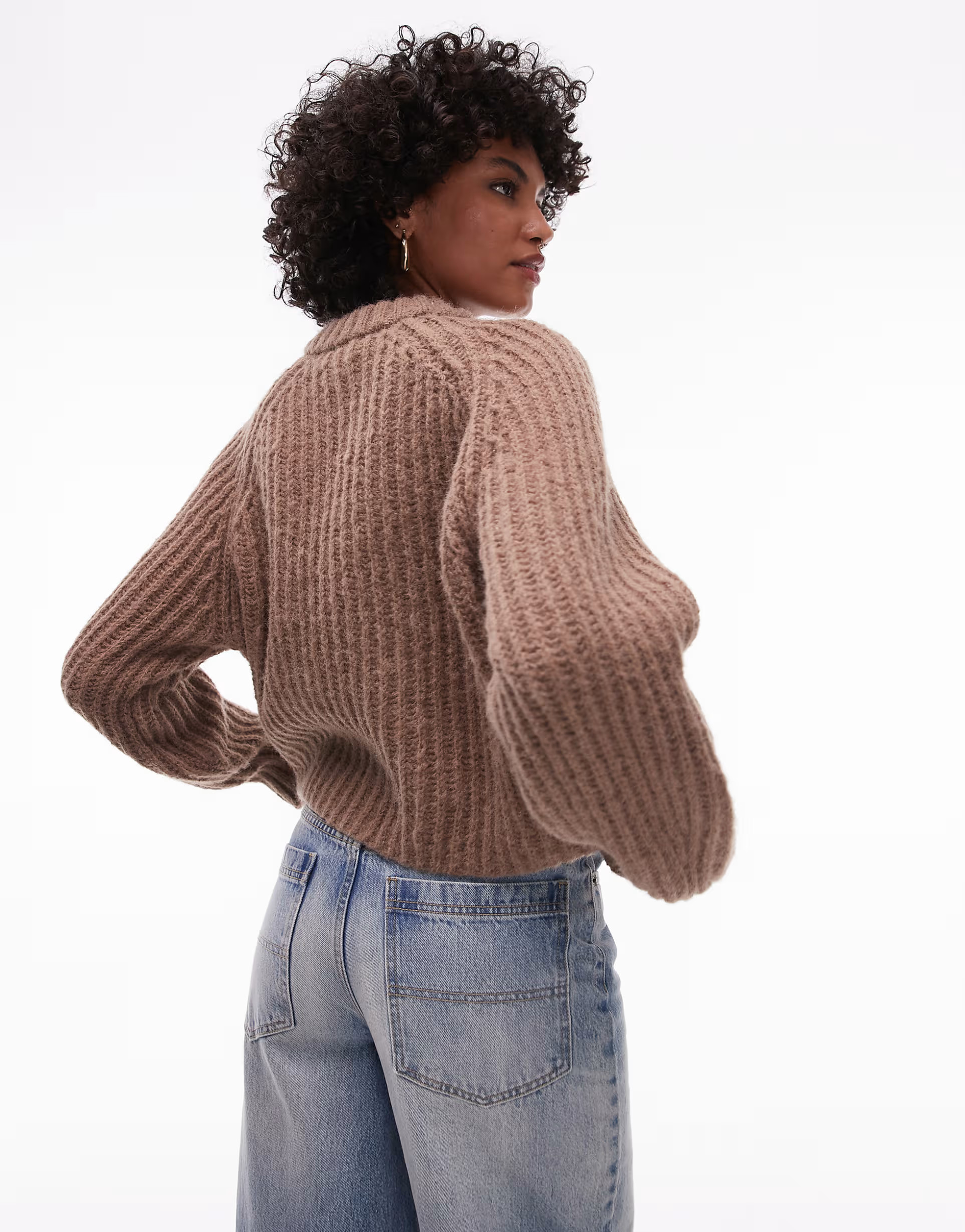 Topshop knitted chunky crew neck cardigan in brown | ASOS (Global)