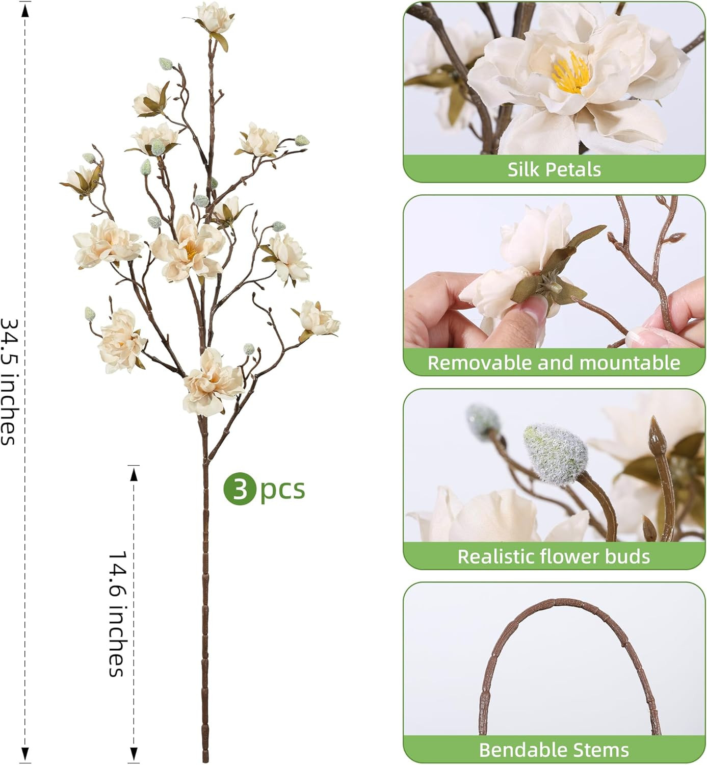 3PCS Artificial Magnolia Flowers Stems for Spring Decoration, Faux Champagne Magnolia Branches wi... | Amazon (US)