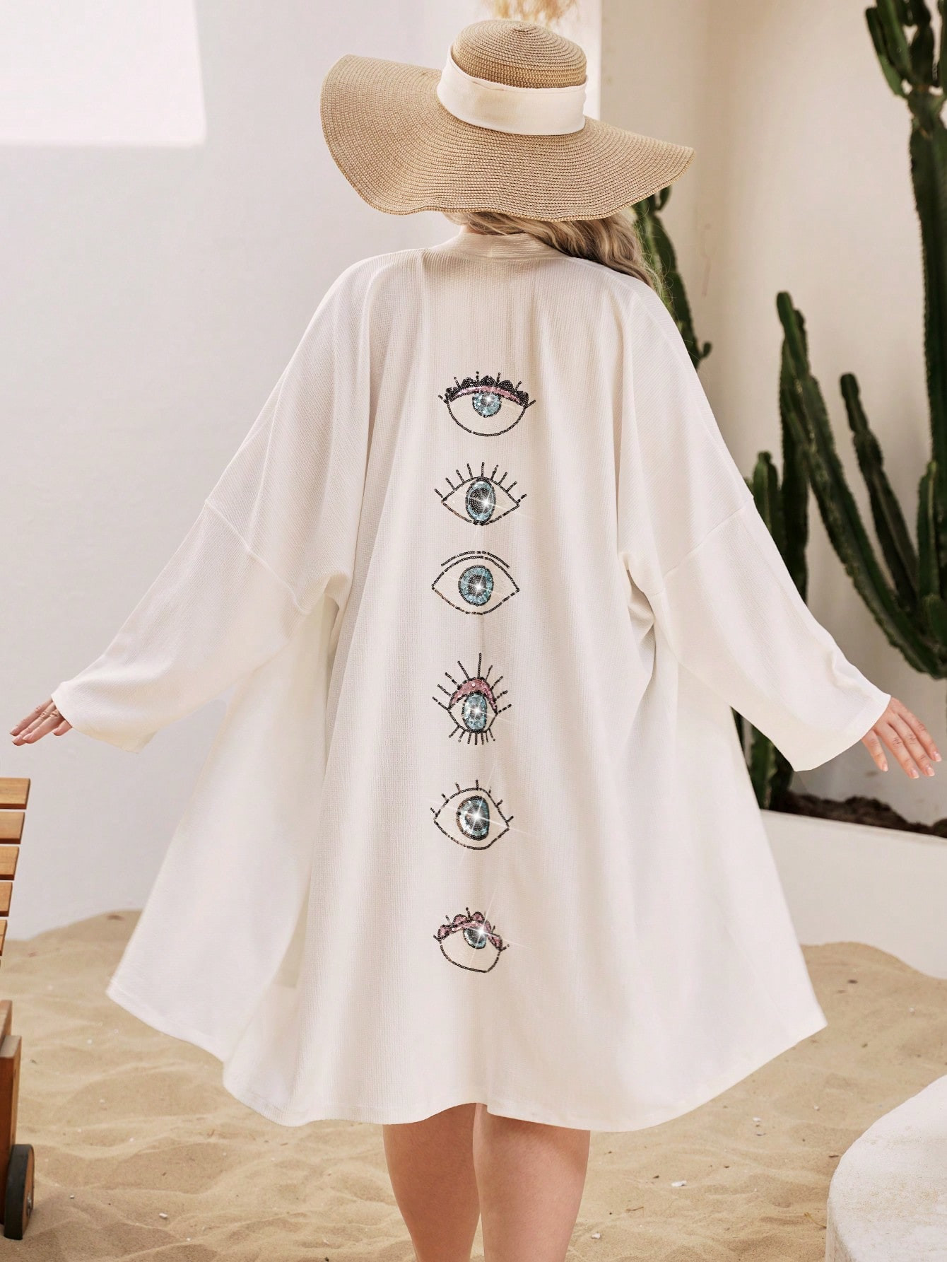 SHEIN Grote maat lange kimono met helder geborduurd oogpatroon | SHEIN  Nederland | SHEIN