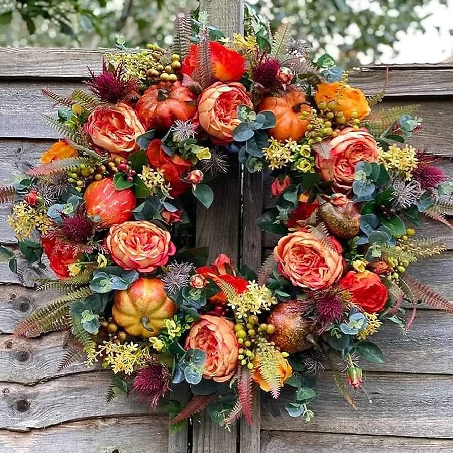 Artificial Fall Wreaths for Front Door Rustic Autumn Wreath with Pumpkin,Rose,Berry Branchesm,Mix... | Amazon (US)