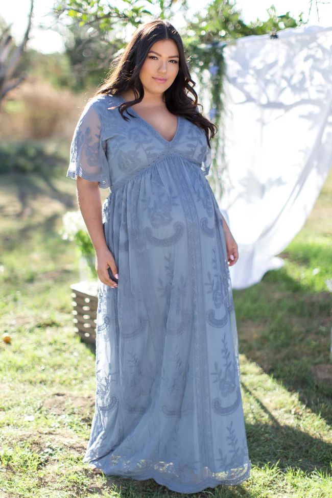 PinkBlush Blue Lace Mesh Overlay Plus Maternity Maxi Dress | PinkBlush Maternity