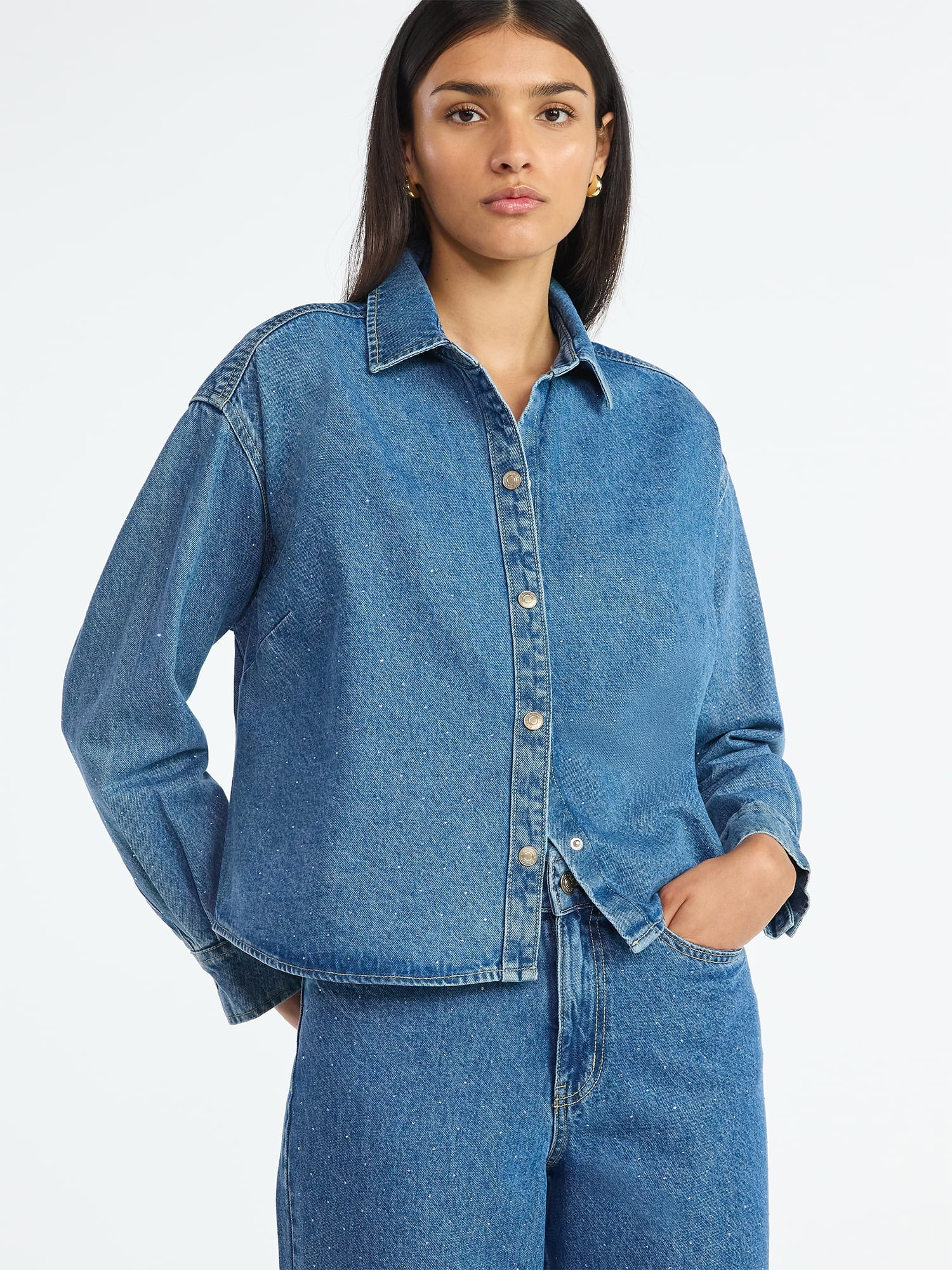 Scoop Women’s Rhinestone Embellished Cotton Denim Shirt with Long Sleeves, Sizes XS-XXL - Walma... | Walmart (US)