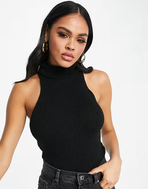 ASOS DESIGN knitted roll neck tank top in black | ASOS (Global)