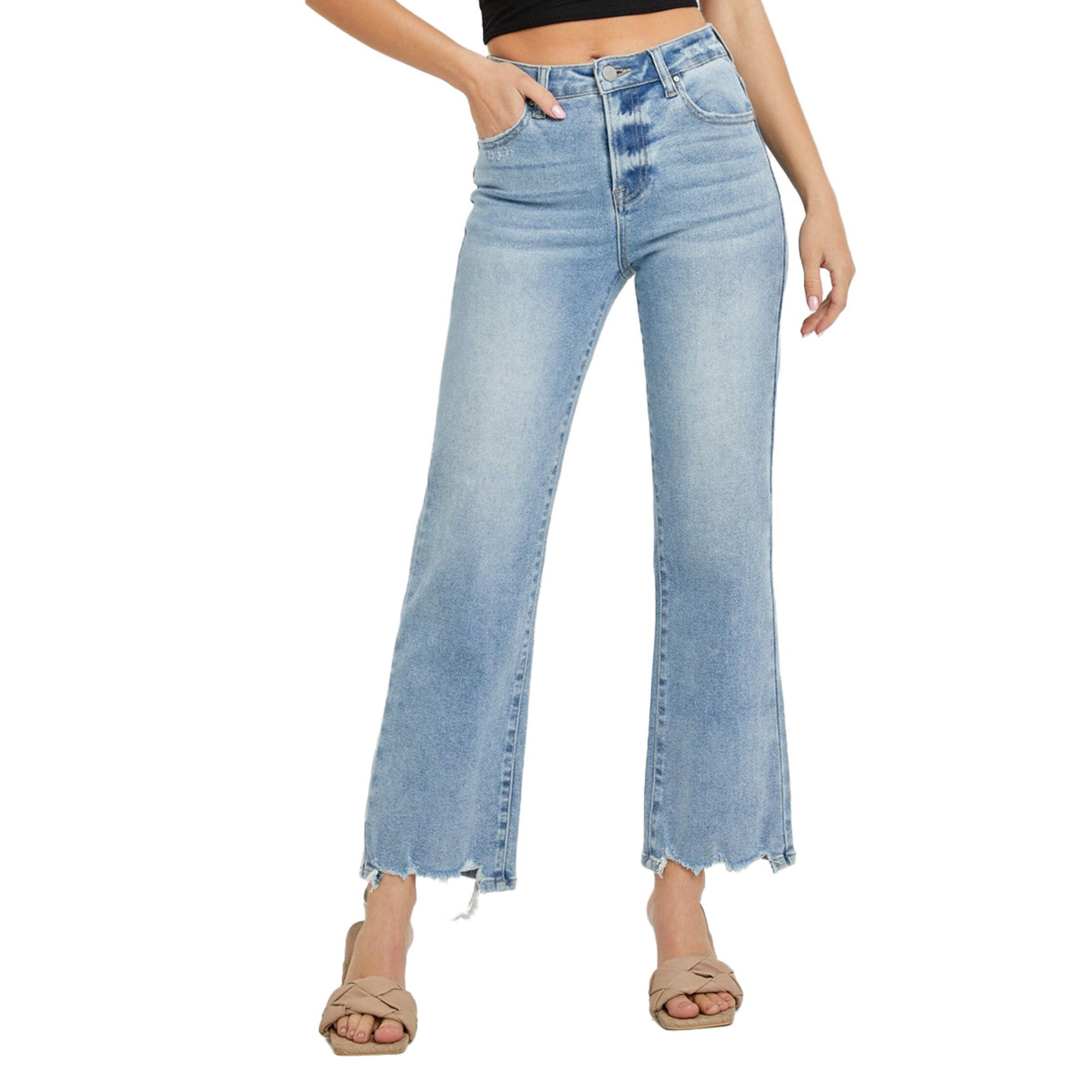 Risen Jeans RDP5459 – Women’s High Rise Straight Leg Jeans with Distressed Raw Hem in Light Wash | Walmart (US)