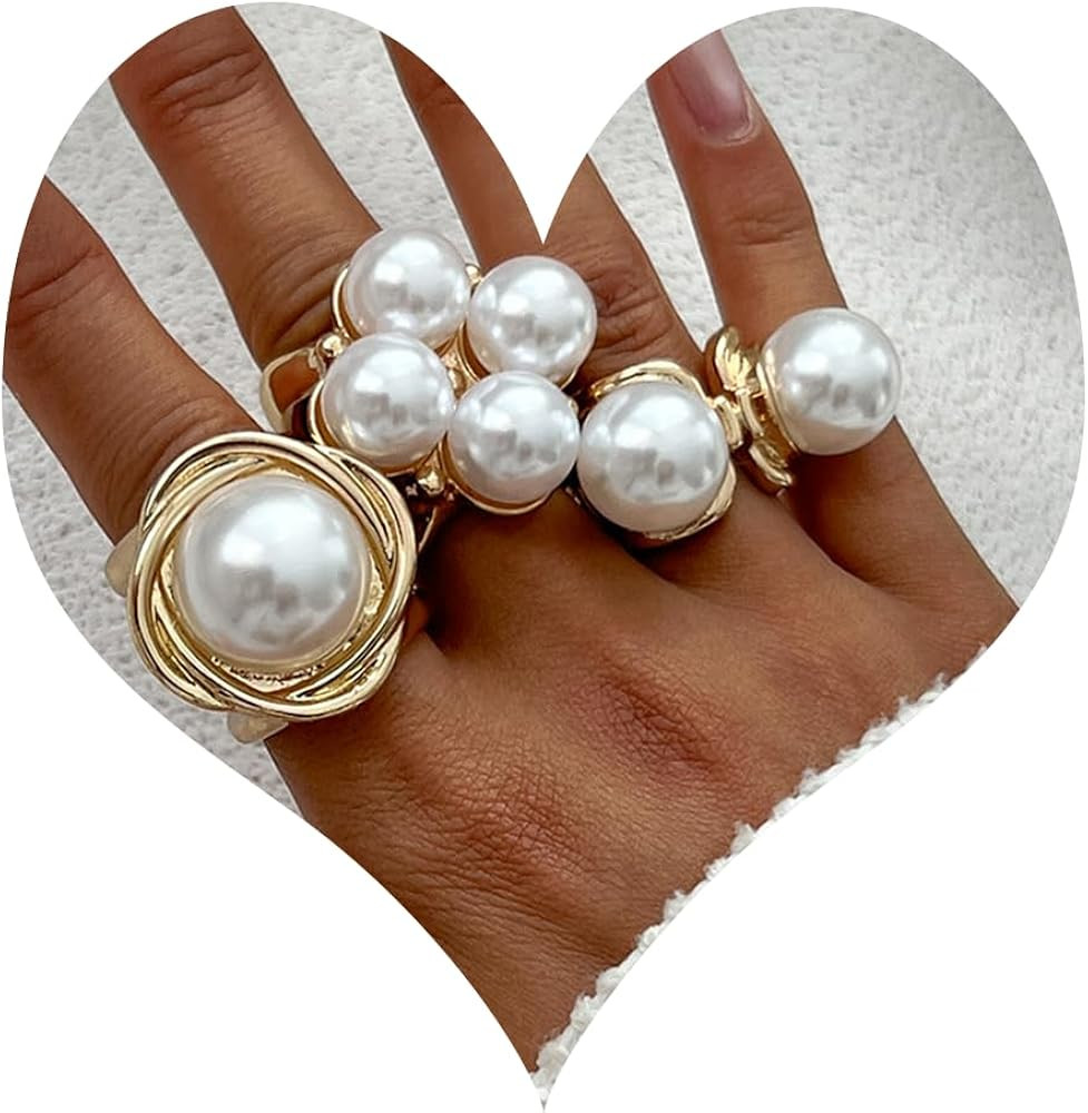 Chunky Pearl Ring Set for Women Pearl Open Statement Finger Knuckle Rings Prom Party Jewelry | Amazon (US)