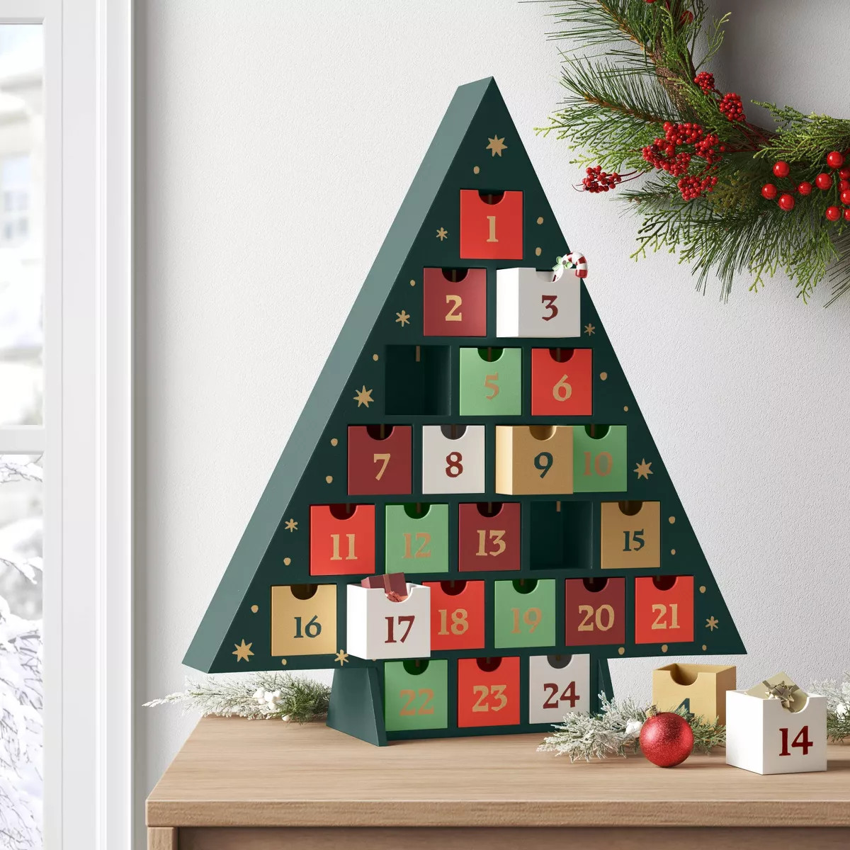 16.25" Wood Christmas Tree Tabletop Advent Calendar Dark Green - Wondershop™ | Target