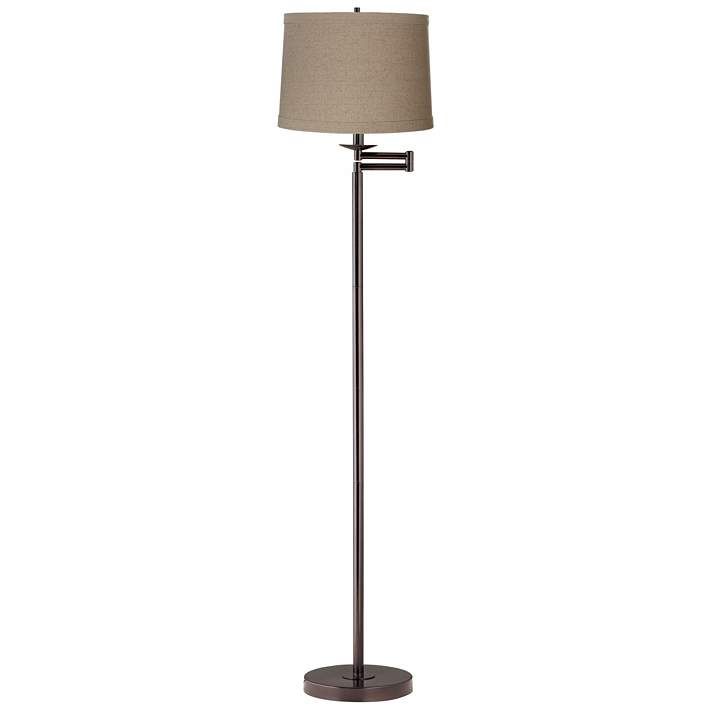 Natural Linen Drum Bronze Swing Arm Floor Lamp - #17D78 | Lamps Plus | Lamps Plus