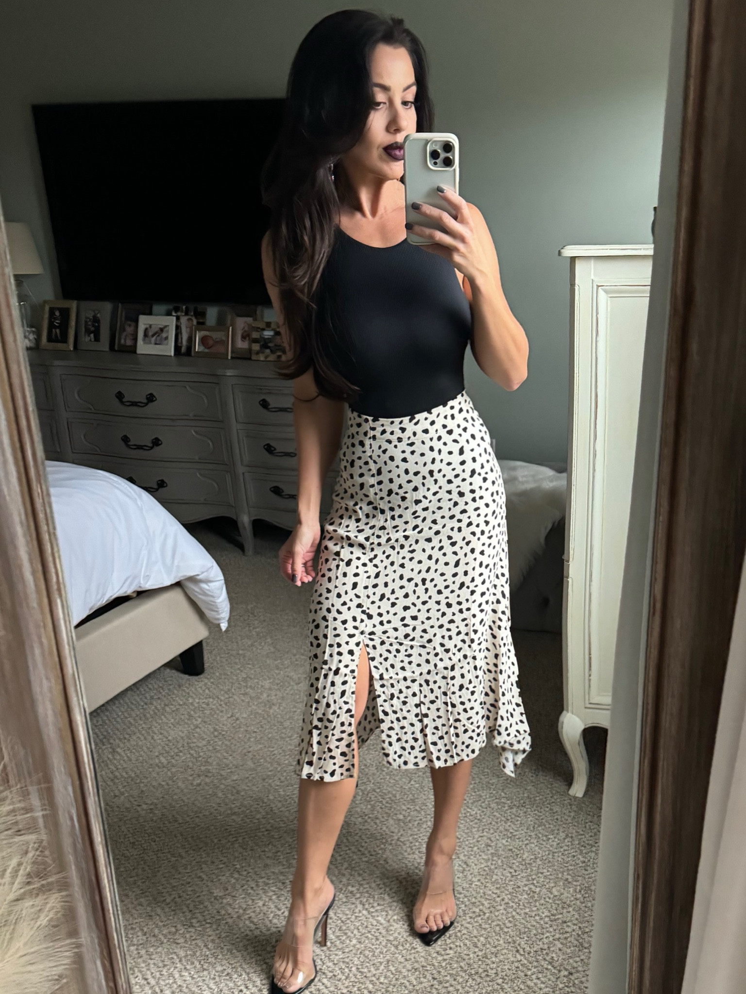 Leopard skirt. Black bodysuit. Clear heels. Date night  

#LTKHalloween #LTKSeasonal #LTKsalealert