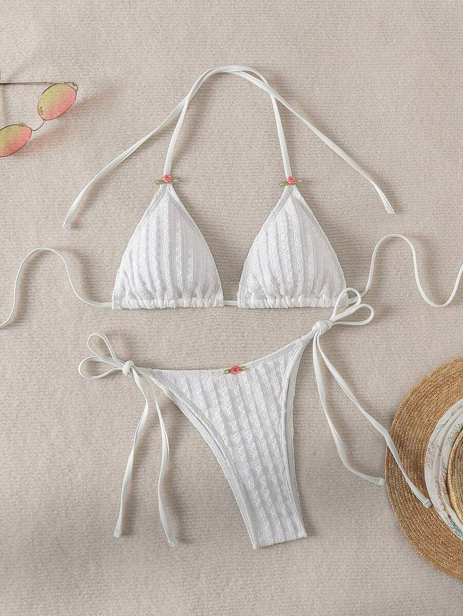 SHEIN Swim Summer Beach Bikini Set With 3d Flower Decoration, Knotted Side Straps Carnival | SHEIN