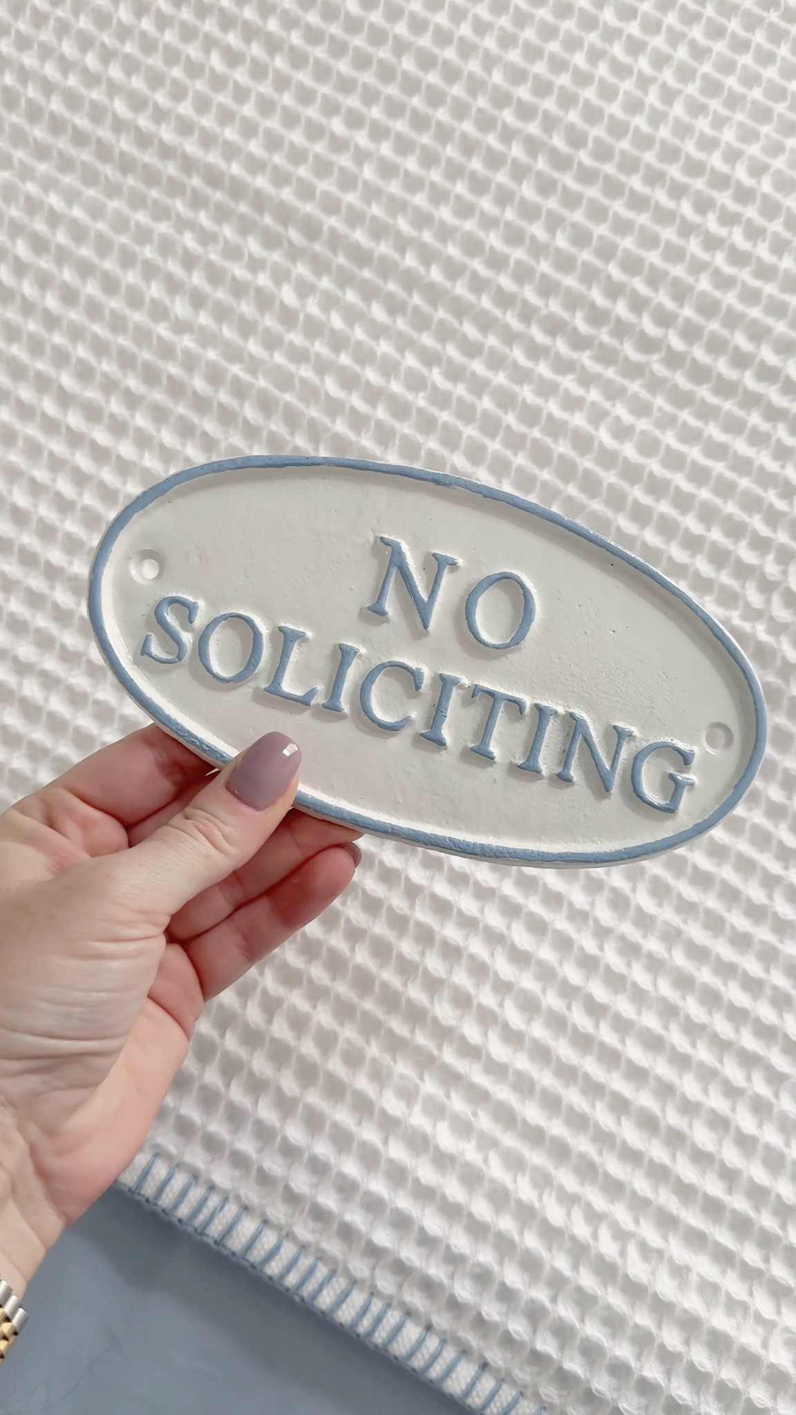 I genuinely didn’t realize that door to door soliciting was still a thing but we get them constantly! We really wanted a no soliciting sign, but I didn’t want anything tacky. I looked on Etsy and found this super cute made to order one and I love it! You get to pick the colors you want for both the background and the lettering and I think it turned out so beautiful! 

I’m clearly in a blue and white everything phase because it matched my bedding perfectly. 

Can’t wait to get this hung up! 

#LTKHome #LTKFindsUnder50