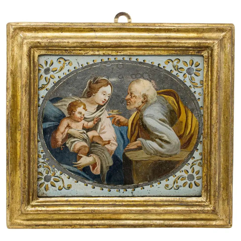 17th Century Holy Family with Bird Oil on Glass Follower of Simon Vouet | 1stDibs