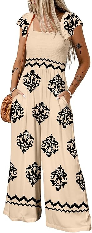 Happy Sailed Womens Holiday Jumpsuits Overalls Retro Print Cap Sleeve High Waist Wide Leg Romper ... | Amazon (US)